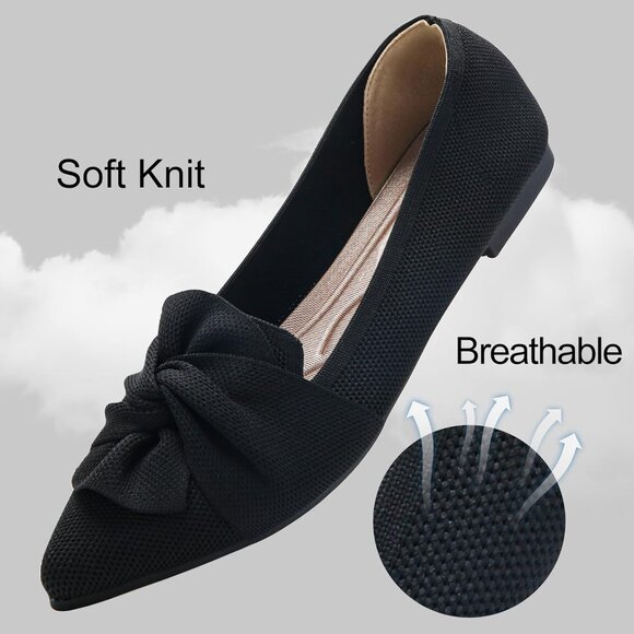 Women's Black Pointed Toe Ballet Flats with Bow Comfortable Knit Dressy Flats - Picture 3 of 8